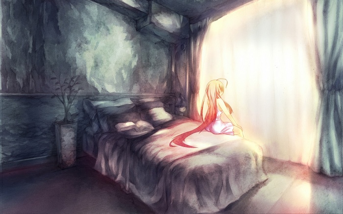 Anime girl with blonde hair sitting by the window