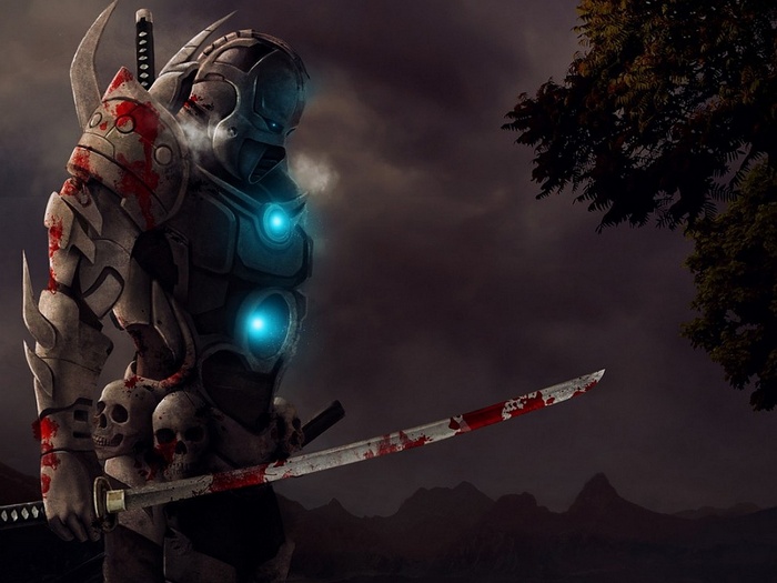Bloody warrior with katana and skulls