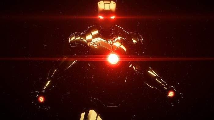 Iron Man with glowing red eyes and chest