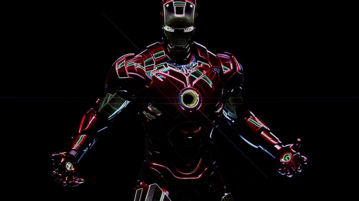 Iron Man suit with neon outlines on black background