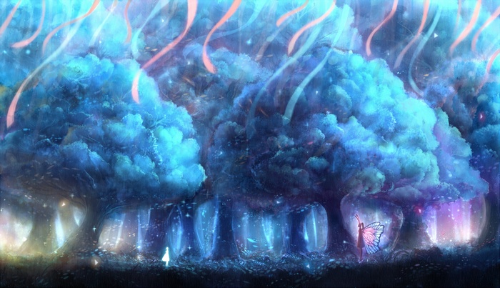 Fantasy forest with glowing trees and a butterfly girl