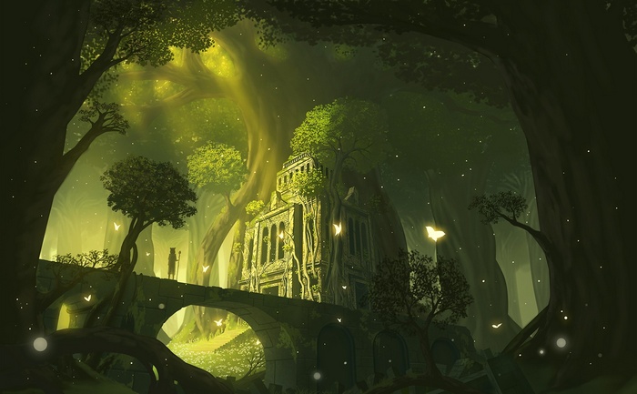 Fantasy forest with ancient ruins and butterflies