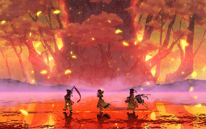 Three figures in traditional Japanese attire walk across a reflective surface with a forest in the background.