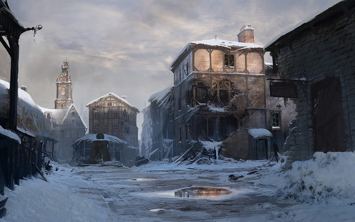 Ruined buildings in a snowy, apocalyptic town square