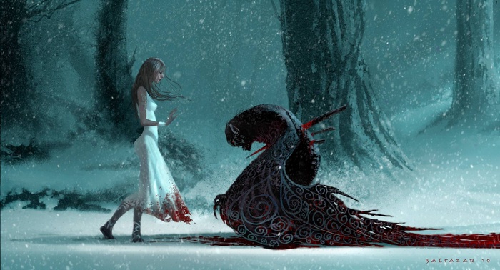 Fantasy girl and wounded creature in snowy forest
