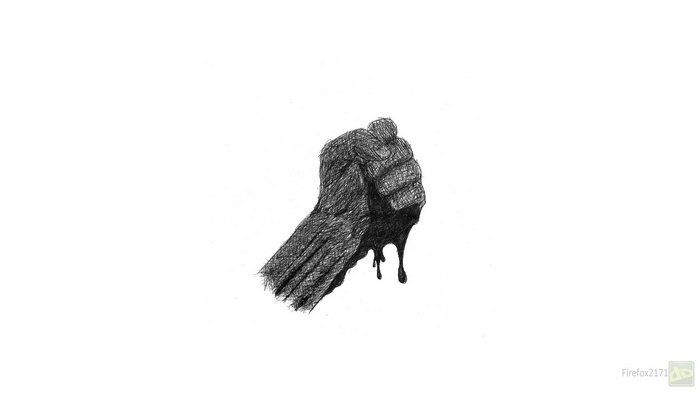 Pencil drawing of a clenched fist dripping black liquid