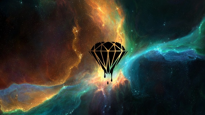 Diamond dripping in colorful nebula in space
