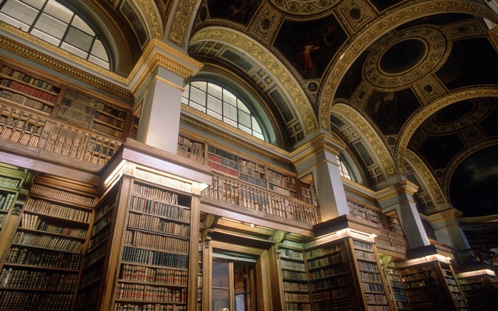 Interior of a grand library in Paris, France