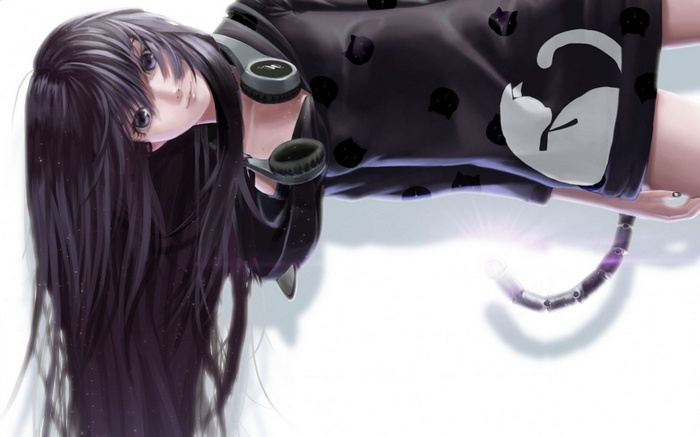 Anime girl with headphones and cat print shirt