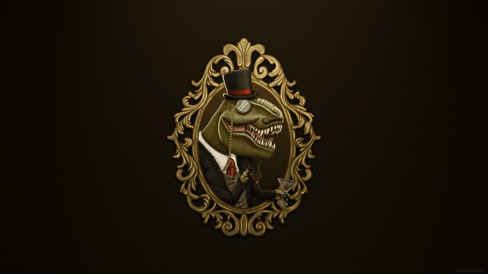 T-Rex in a suit with a top hat and monocle