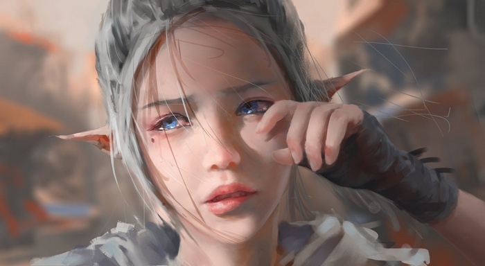 Fantasy elf with grey hair crying