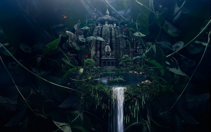 Ancient temple overgrown with vines and nature