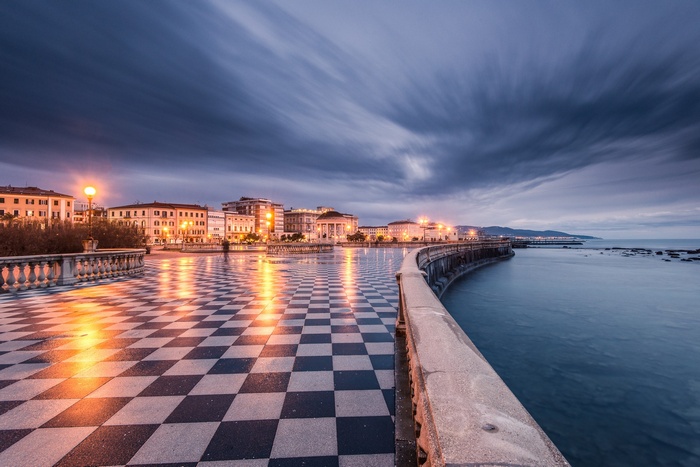 Terrazza Mascagni in Livorno, Italy at dusk