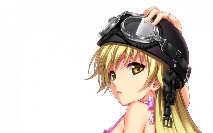 Oshino Shinobu wearing a helmet and goggles