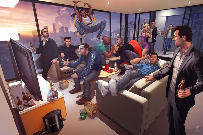 Grand Theft Auto characters party in a modern apartment