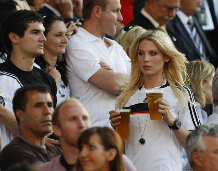 Sarah Brandner with beer at soccer game