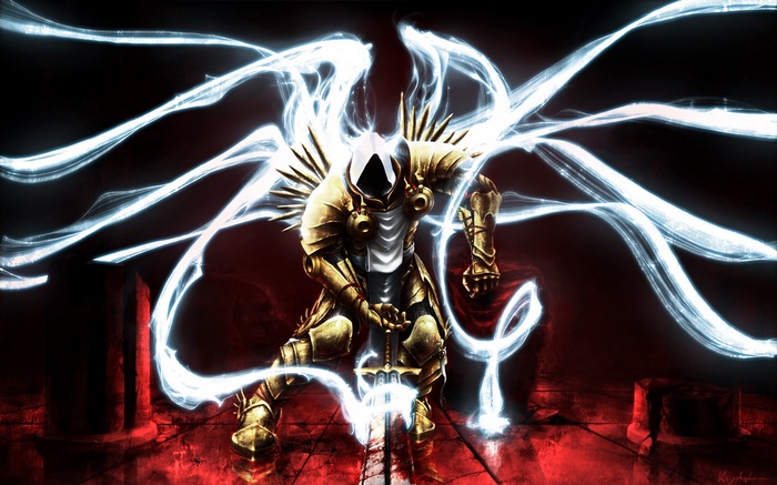 Diablo III warrior with sword and energy wings