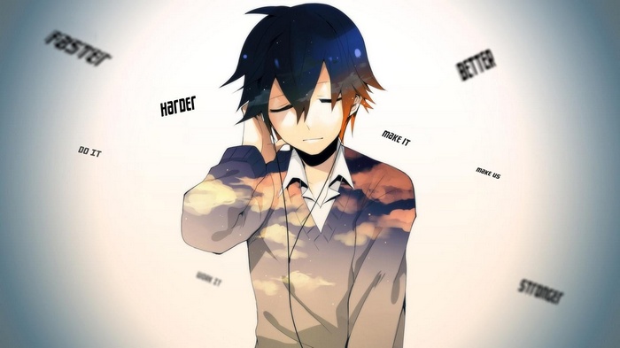 Anime boy listening to music with motivational words