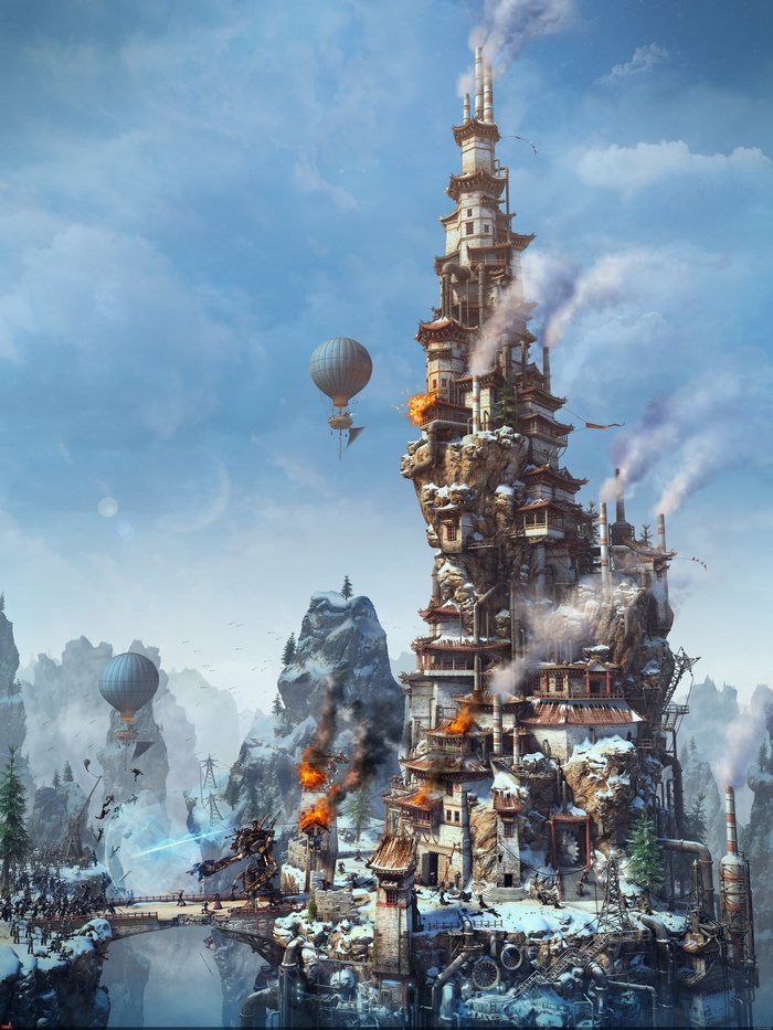 Steampunk Tower City in Snowy Mountains with Hot Air Balloons