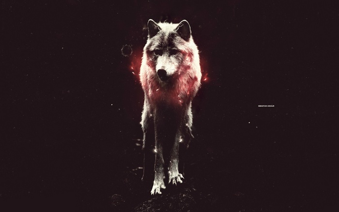 Wolf with red glow on dark background