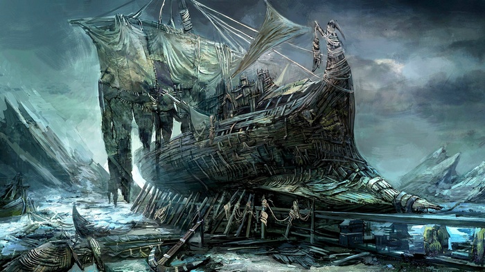 Abandoned sailing ship in a desolate, rocky landscape