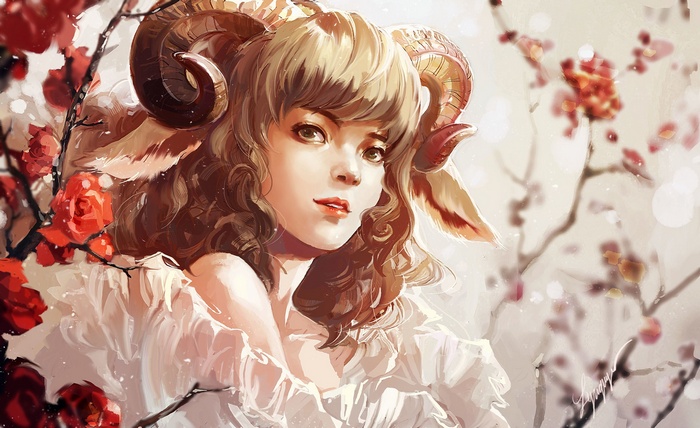 Fantasy artwork of a woman with goat horns