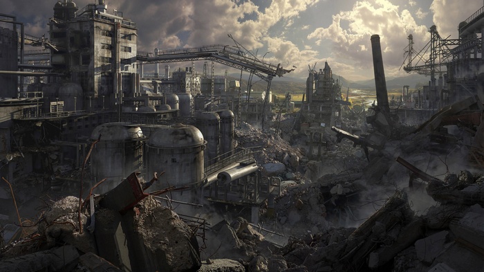Ruined industrial complex under a cloudy sky
