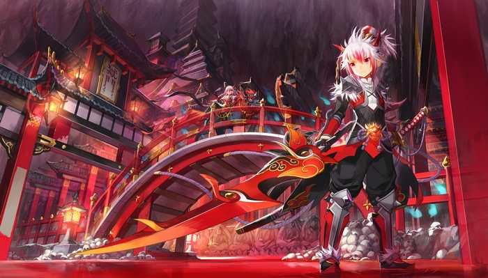Elsword characters on a red bridge