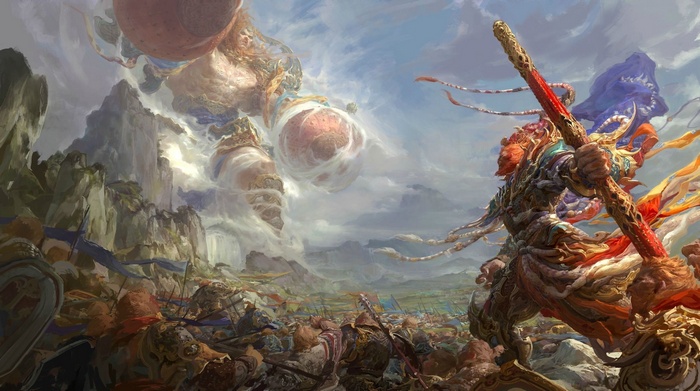 Monkey King and titans in a fantasy battle