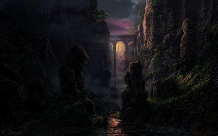 Fantasy art of a stone bridge over a canyon
