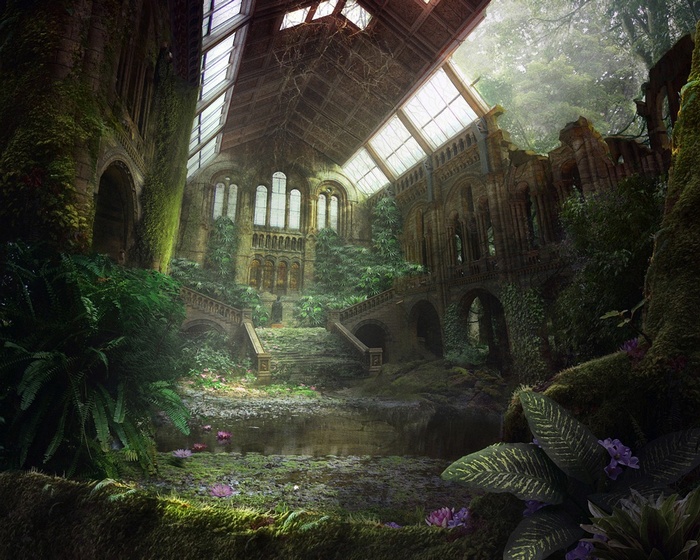 Abandoned overgrown greenhouse with a pond