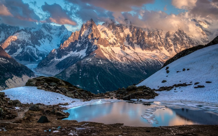 Mont Blanc mountains and a small pond in Chamonix, France