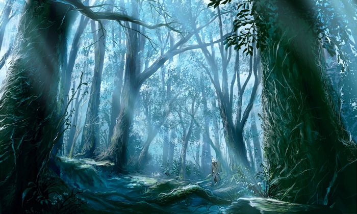 Ginko walks through a misty forest