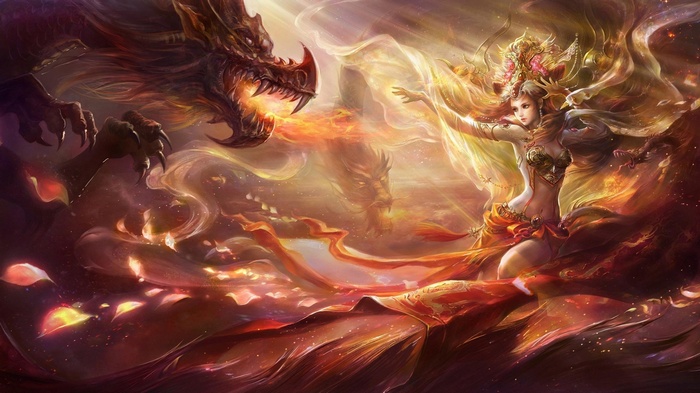 Fantasy art of a woman and dragons