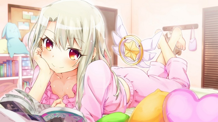 anime girls, Fatekaleid liner Prisma Illya, anime, red eyes, white hair, Illyasviel von Einzbern, pink pajamas, barefoot, legs up, in bed