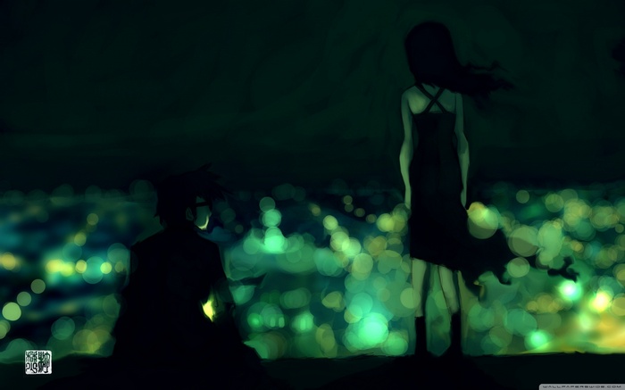 Anime couple overlooking city lights at night