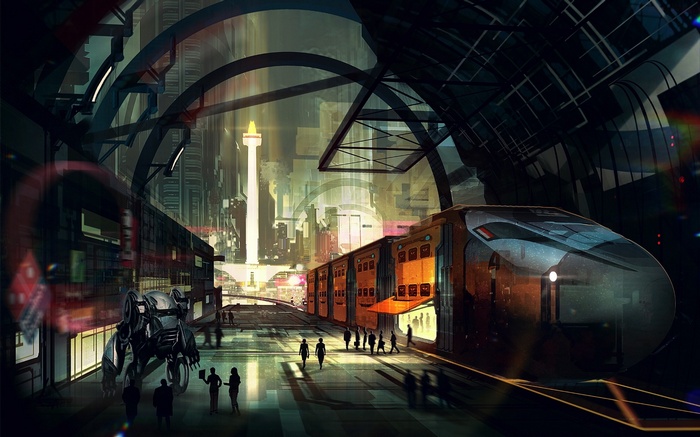 Futuristic train station with a robot and city skyline