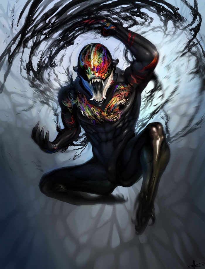 A dark creature with colorful markings in motion