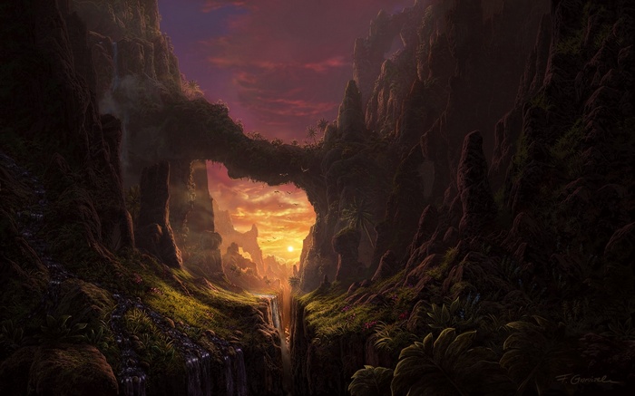Fantasy art of a canyon with a sunset bridge