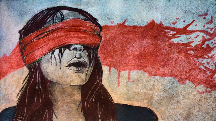 Artwork of a woman with a red blindfold