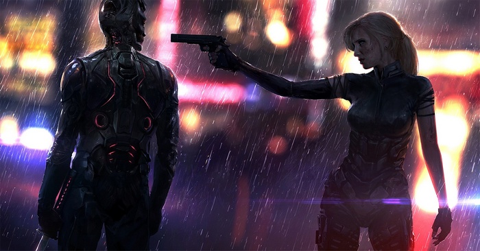 Cyberpunk woman aims gun at android in rainy city