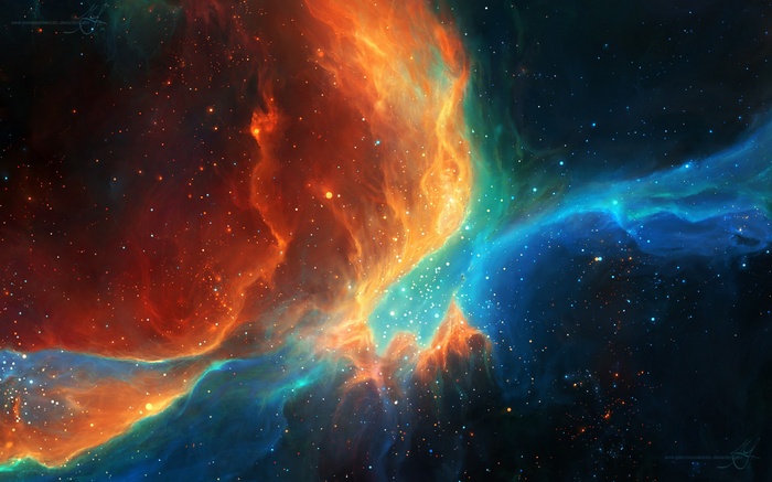 Orange and blue nebula with stars in space art