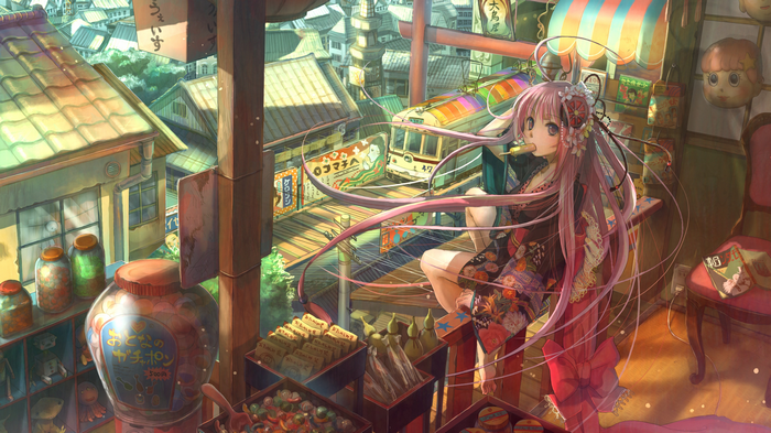 Anime girl with pink hair in a traditional Japanese town