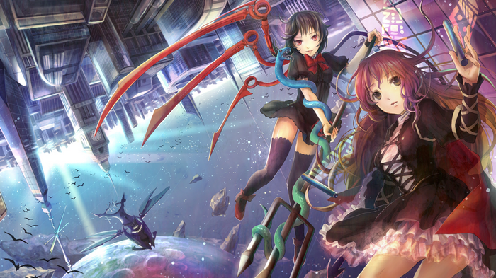 Touhou anime girls with weapons and snakes in a city