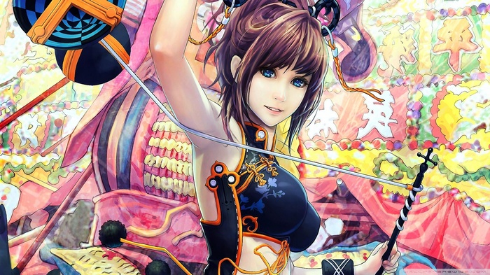 Anime girl with brown hair and blue eyes in a black dress