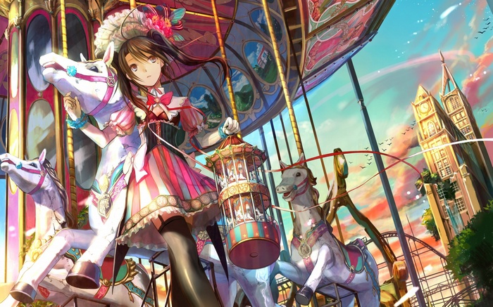 Anime girl on a carousel with clock tower background