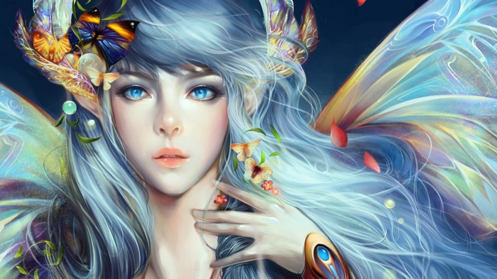 Anime girl with blue eyes and butterfly wings