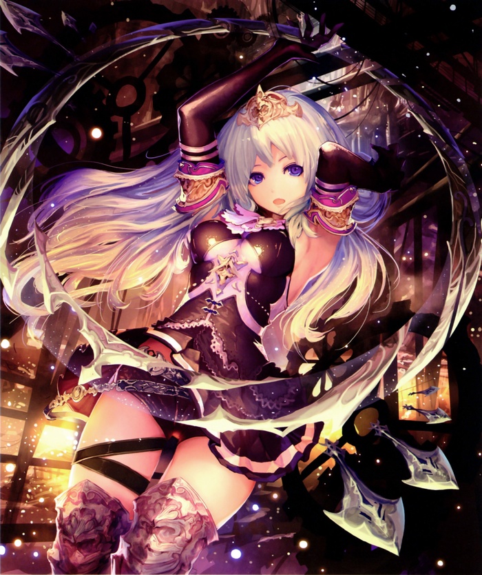 Anime girl with white hair and purple eyes in armor