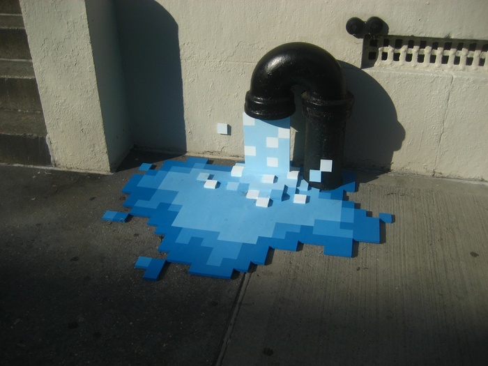 Pixel art water pouring from a pipe on a street