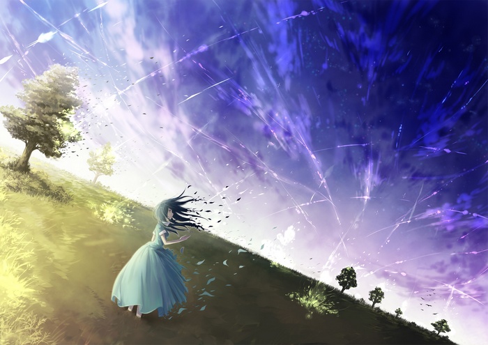 Anime girl in a dress on a grassy hill under a purple sky